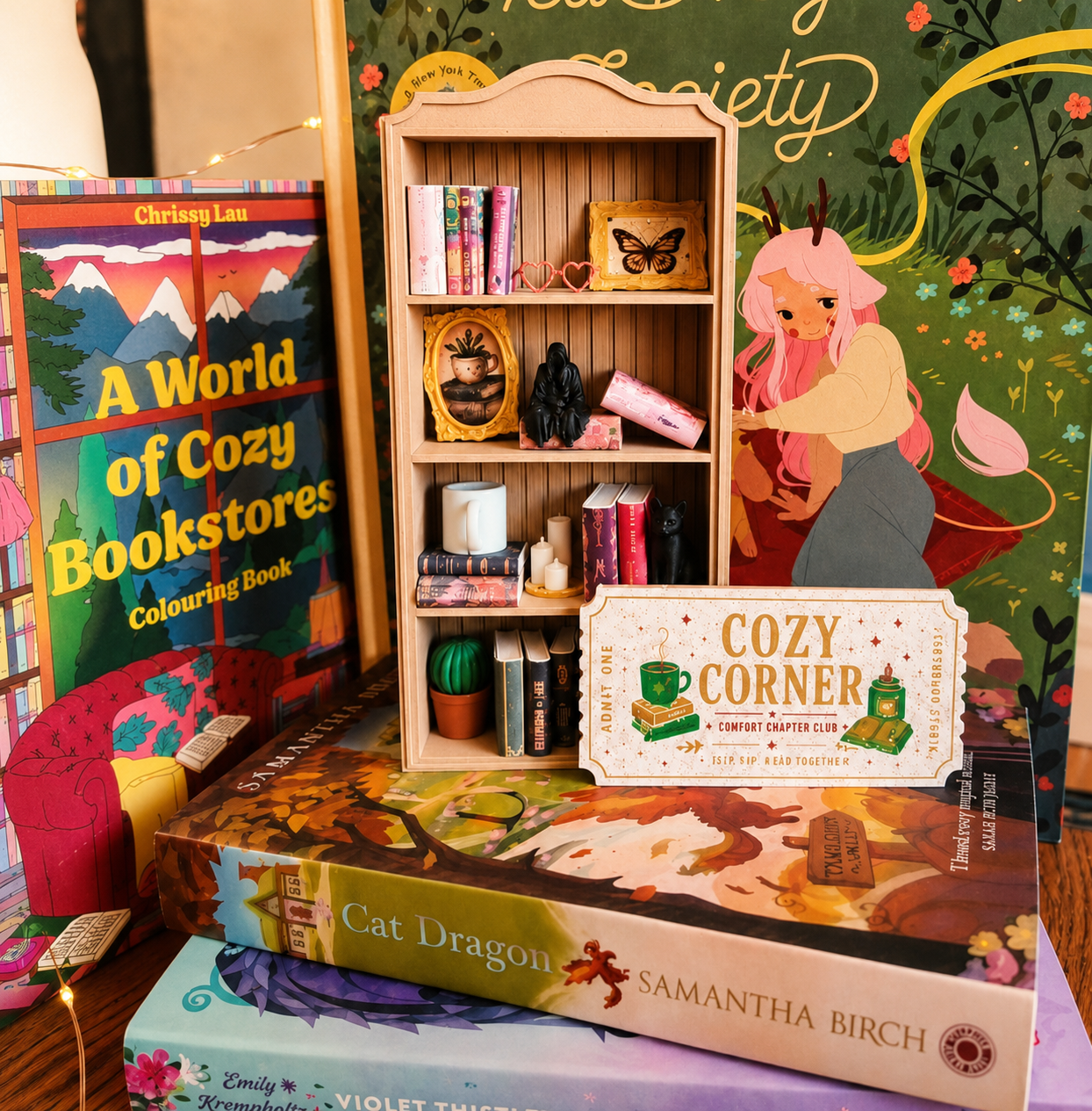 A handmade Cozy Corner miniature bookshelf surrounded by books