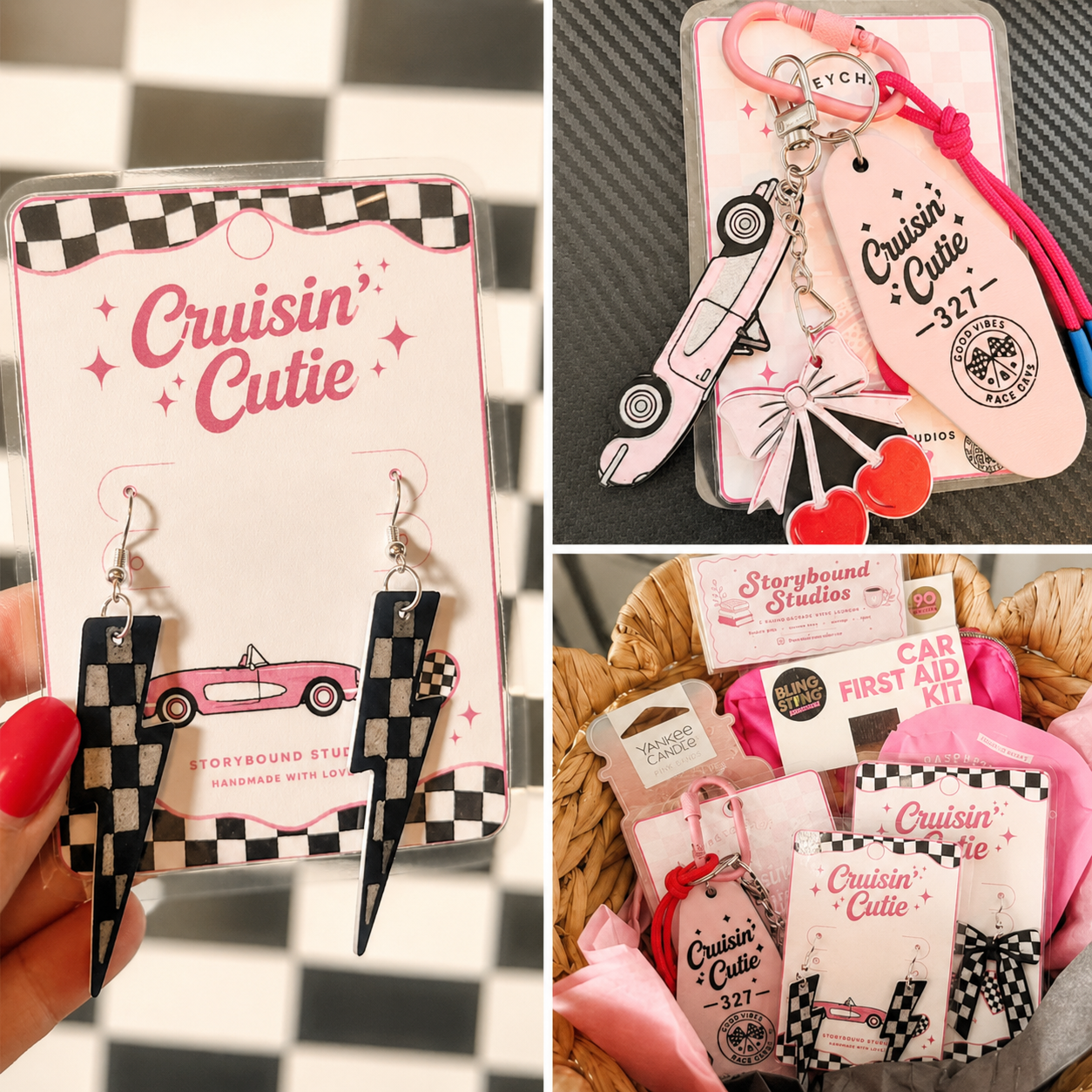 Pink Cruisin' Cutie earrings, keychain, and gift basket
