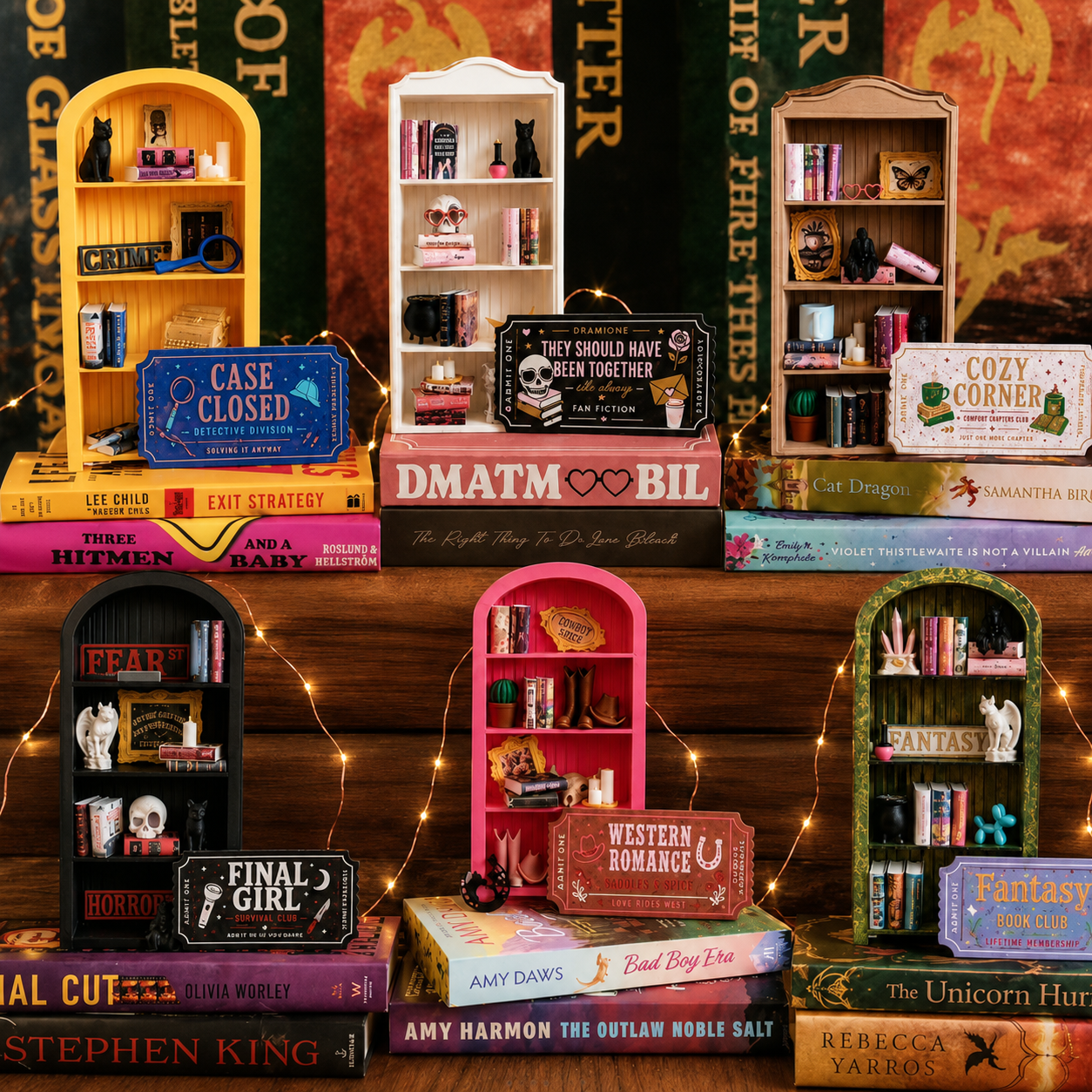 A full collection of handmade Storybound miniature bookshelves