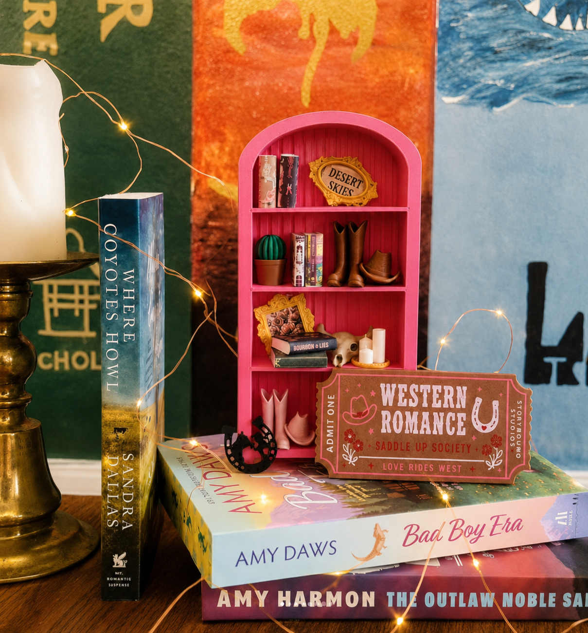 A pink Western Romance miniature bookshelf and collectible ticket